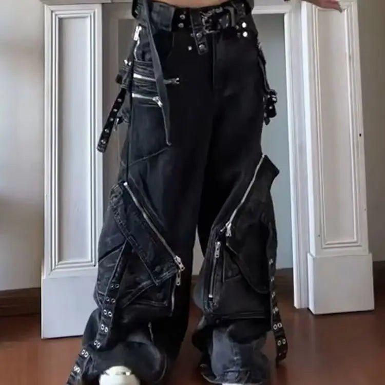 Black Gothic Punk Multi - Pocket Baggy Wide - Leg Jeans – Y2K Vintage Style - Lia_Store