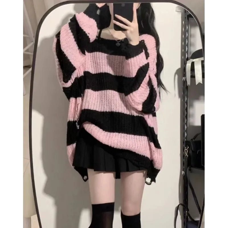Black Pink Striped Loose Knit Sweater for Women – Spring & Autumn - Lia_Store