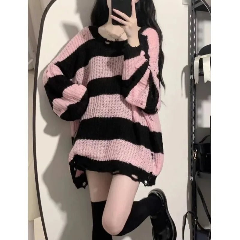 Black Pink Striped Loose Knit Sweater for Women – Spring & Autumn - Lia_Store