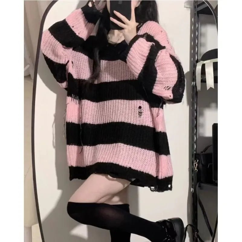 Black Pink Striped Loose Knit Sweater for Women – Spring & Autumn - Lia_Store