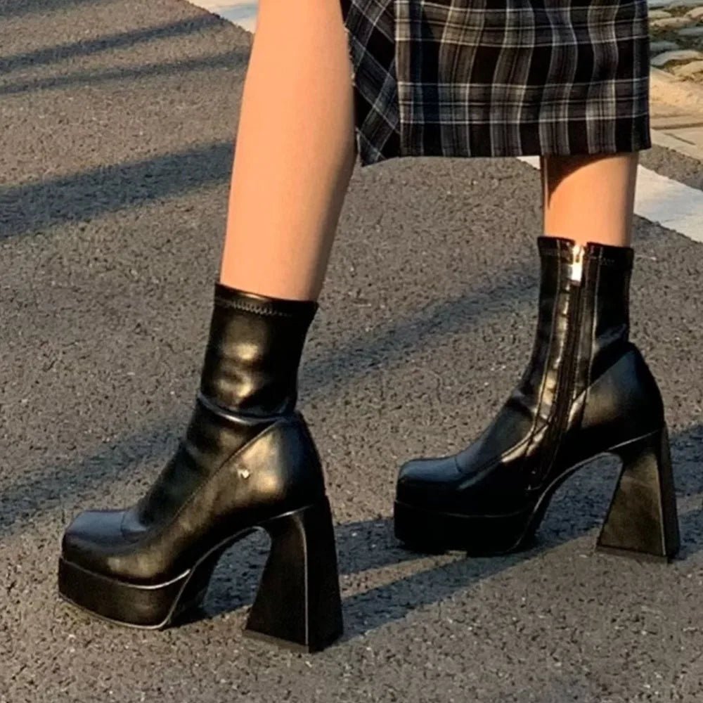 DoraTasia Gothic Square - Toe Shaped - Heel Ankle Boots – Women’s Fashion & Party Wear - Lia_Store