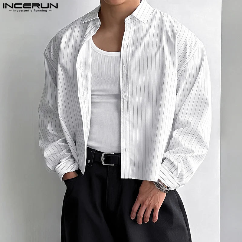 INCERUN Men’s Korean Casual Striped Long - Sleeve Shirt – Streetwear - Lia_Store