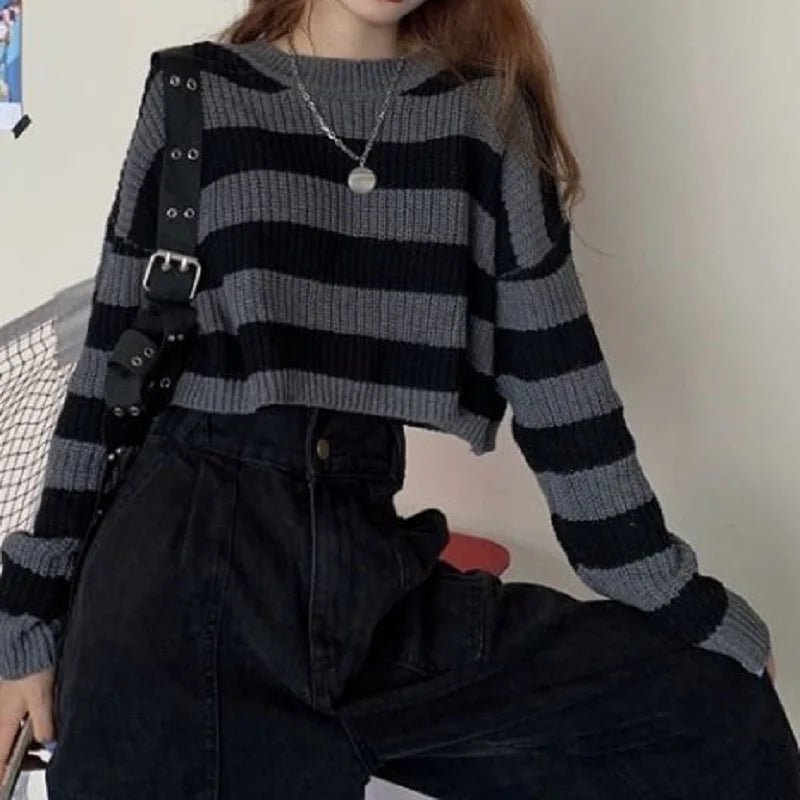 Korean Striped Oversized Cropped Sweater for Women - Lia_Store
