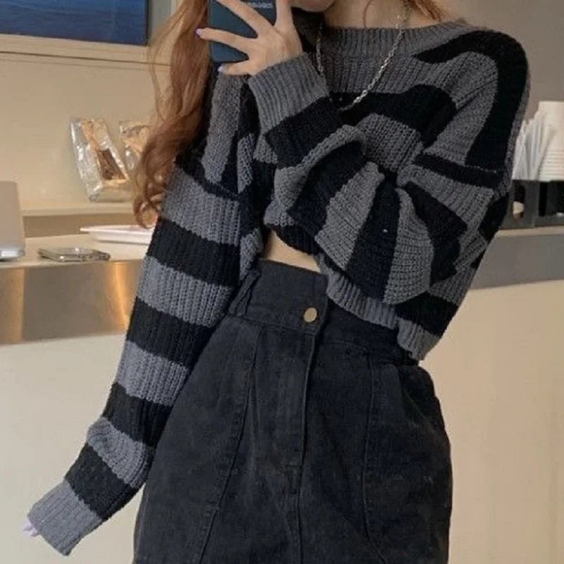 Korean Striped Oversized Cropped Sweater for Women - Lia_Store