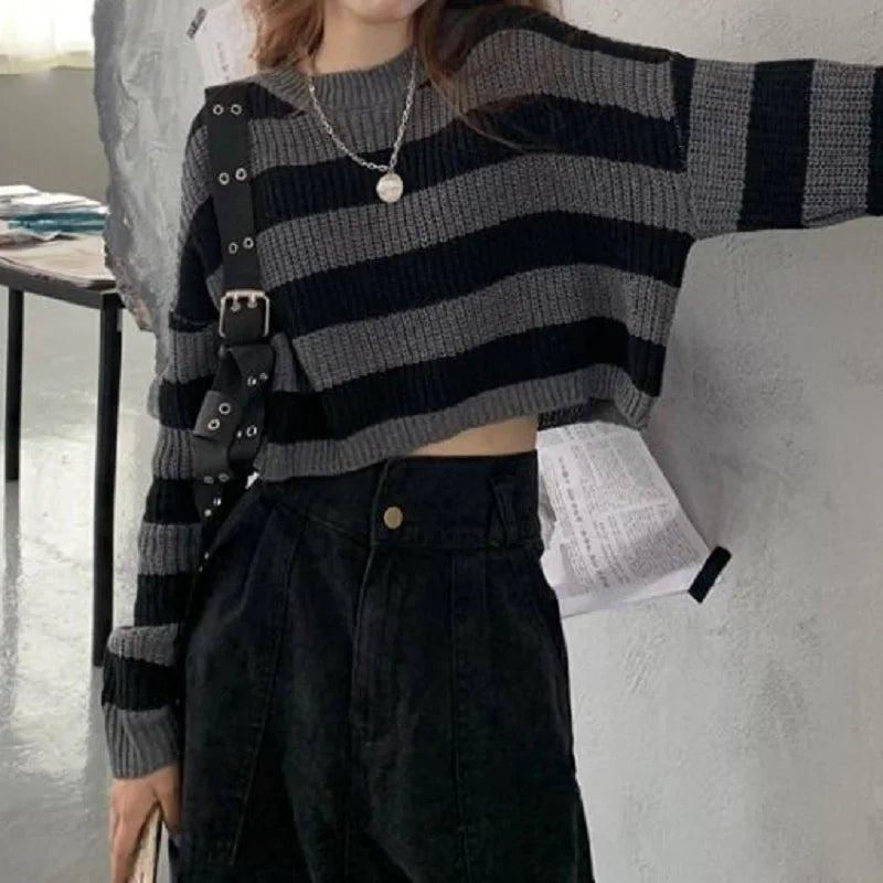 Korean Striped Oversized Cropped Sweater for Women - Lia_Store