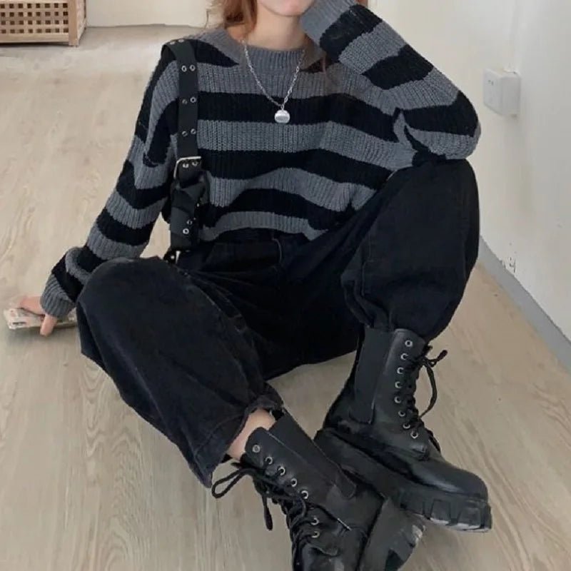 Korean Striped Oversized Cropped Sweater for Women - Lia_Store