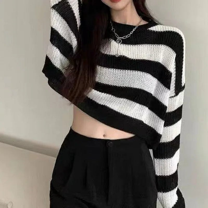 Korean Striped Oversized Cropped Sweater for Women - Lia_Store