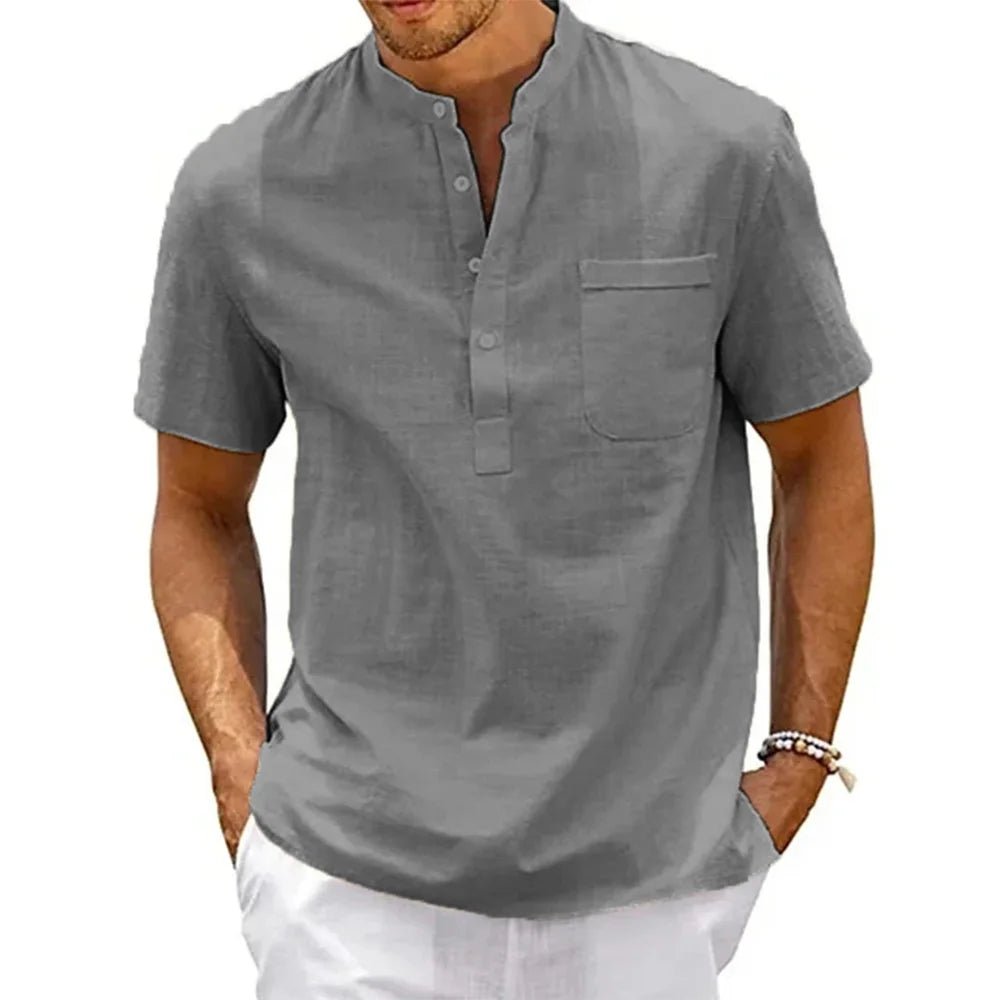 Men Cotton Linen Henley Shirt - Lia_Store