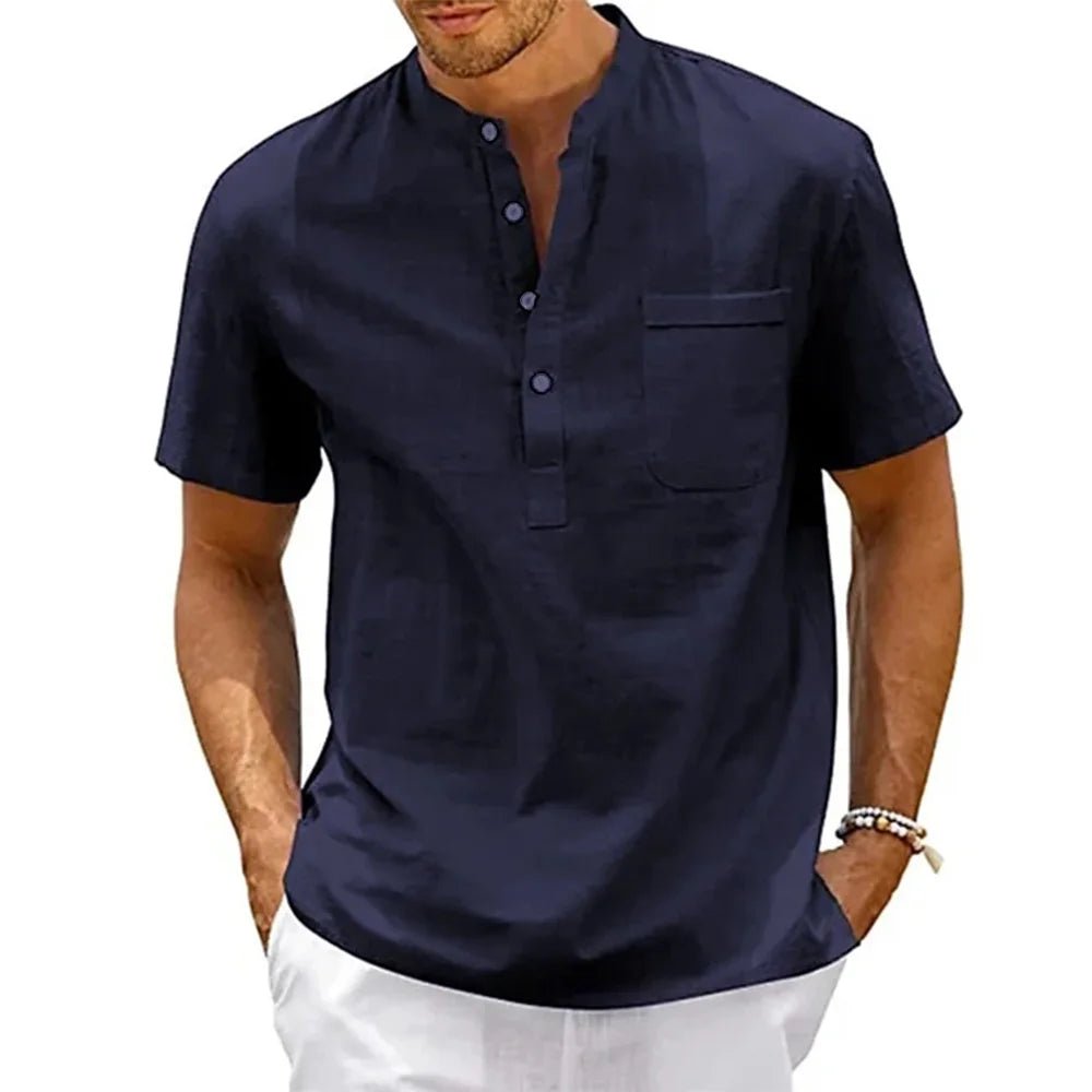 Men Cotton Linen Henley Shirt - Lia_Store