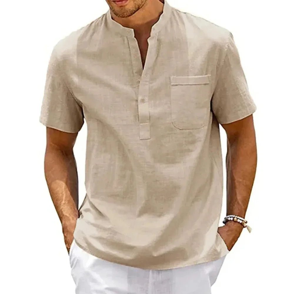Men Cotton Linen Henley Shirt - Lia_Store