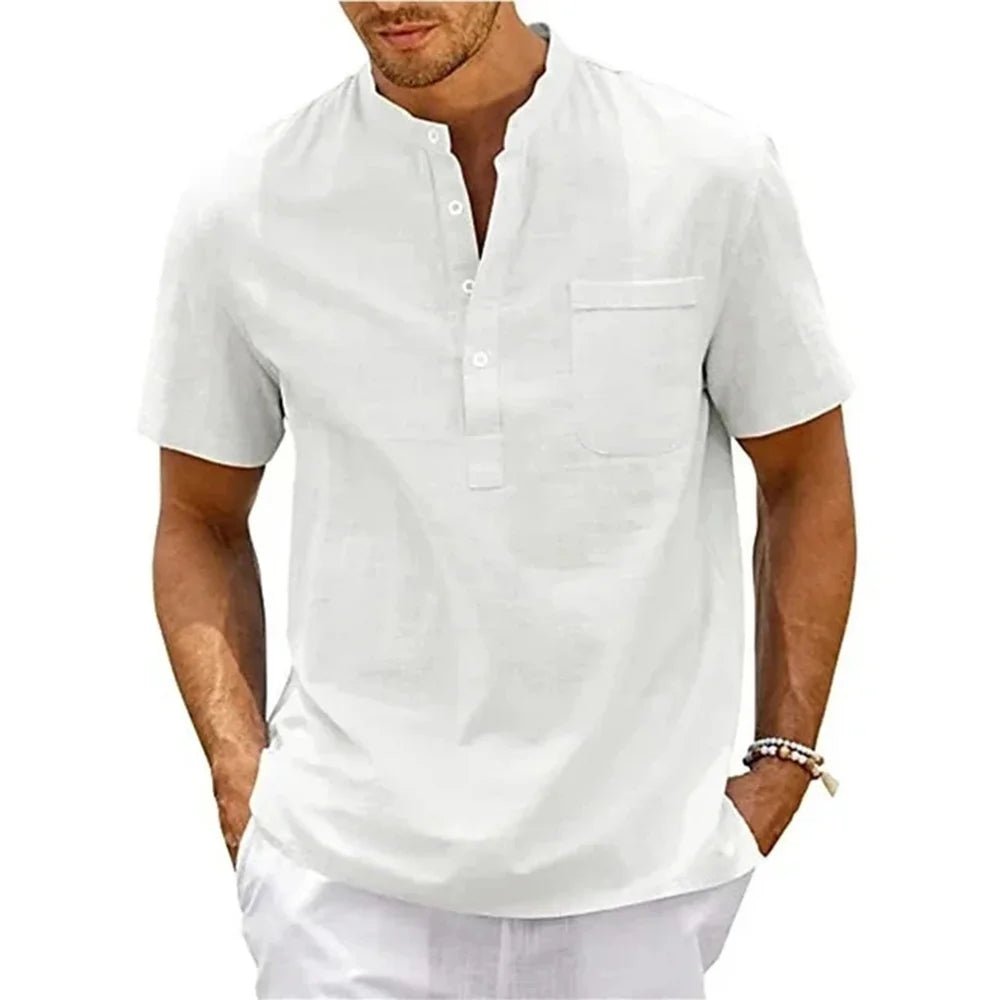 Men Cotton Linen Henley Shirt - Lia_Store