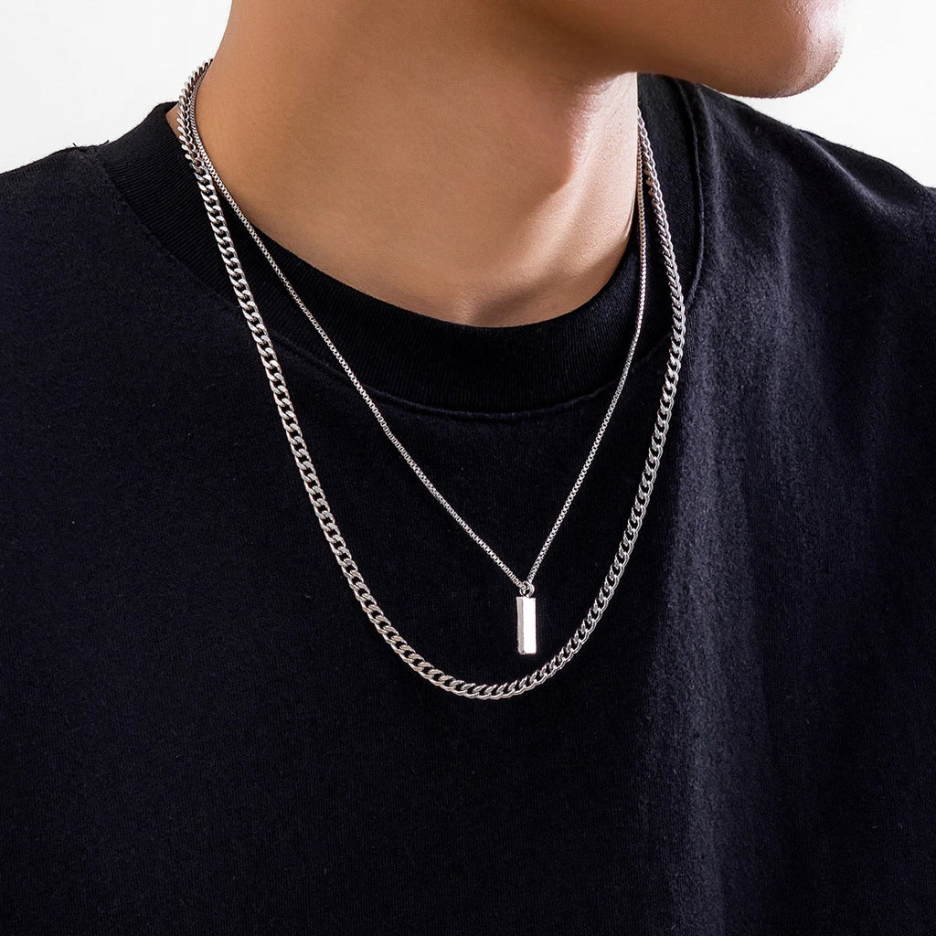 Men Silver Box Chain Necklace Set - Lia_Store