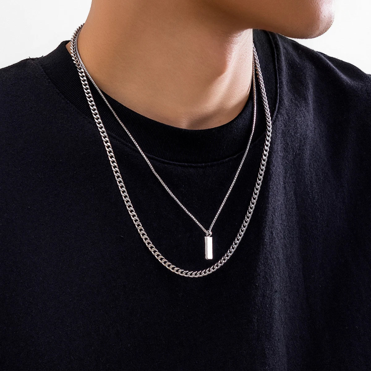 Men Silver Box Chain Necklace Set - Lia_Store