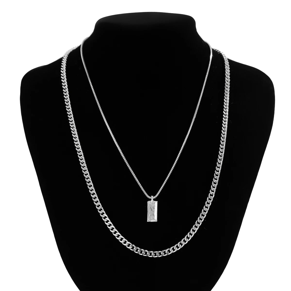 Men Silver Box Chain Necklace Set - Lia_Store