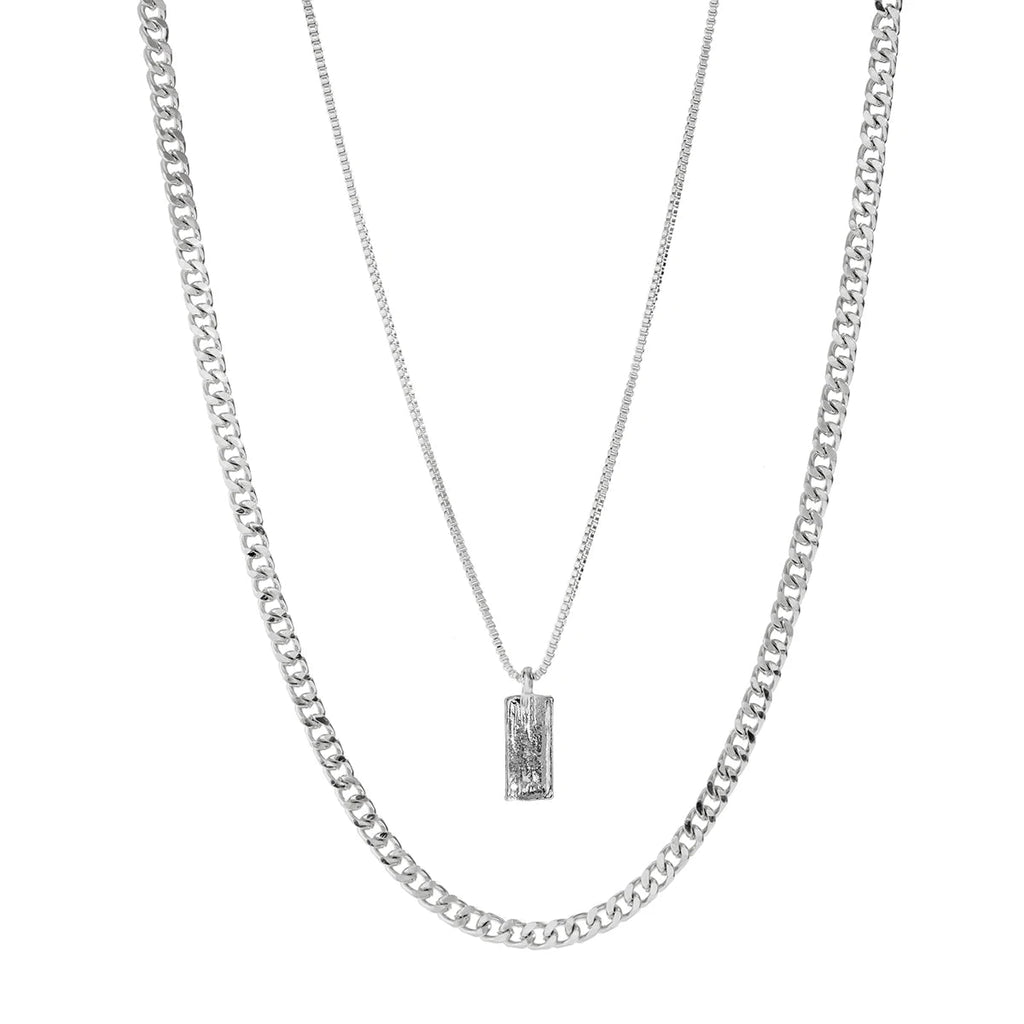 Men Silver Box Chain Necklace Set - Lia_Store