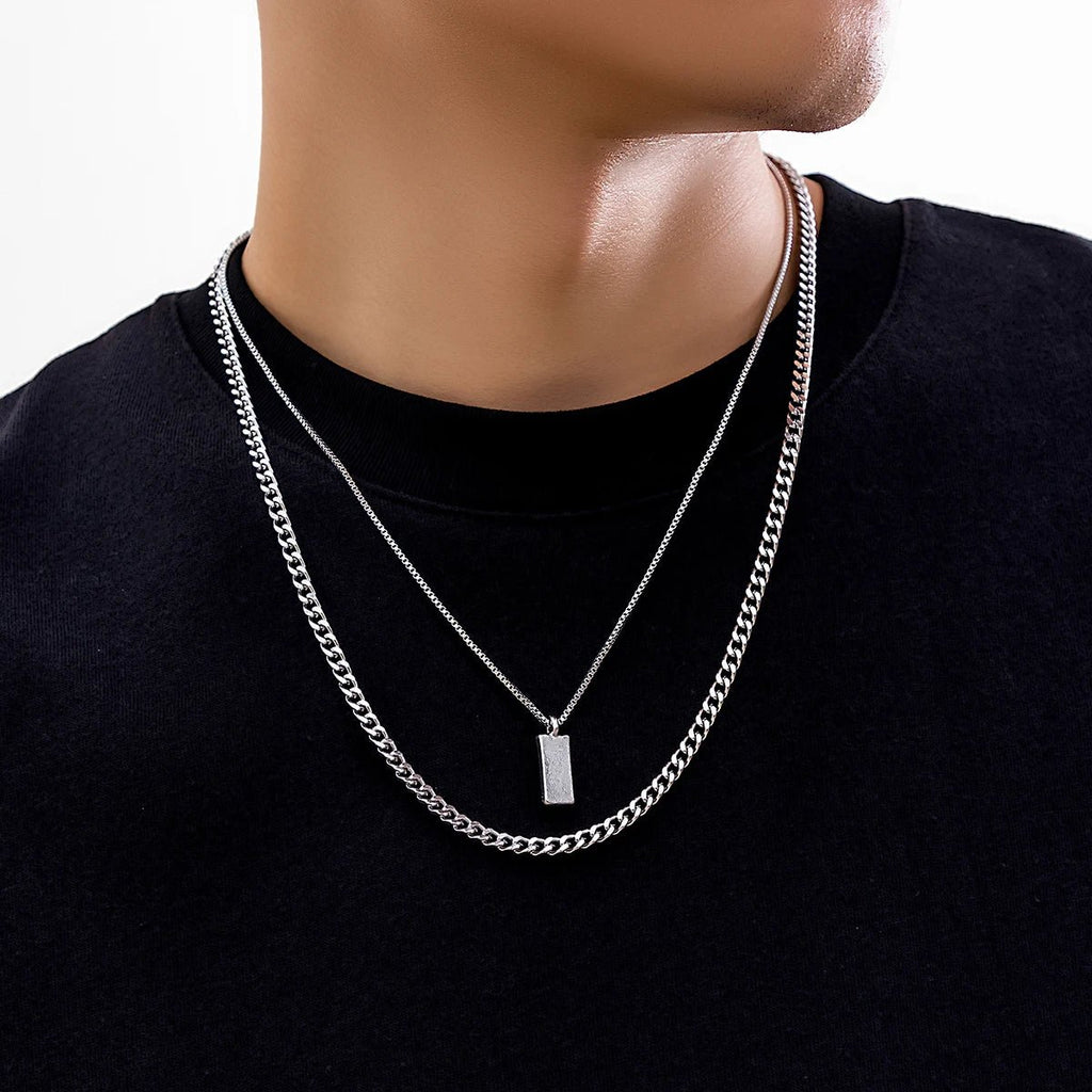 Men Silver Box Chain Necklace Set - Lia_Store