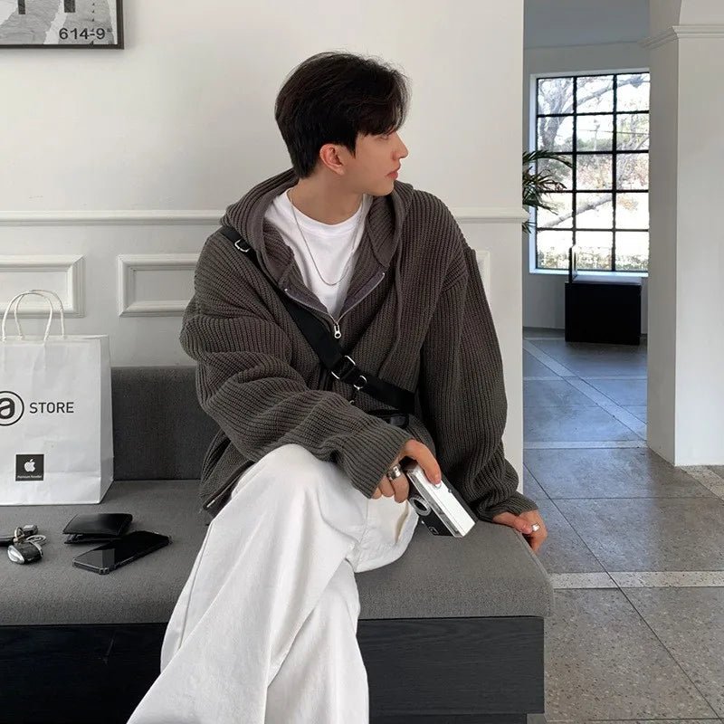 Men’s Knit Hooded Cardigan Sweater – Vintage Loose Fit - Lia_Store