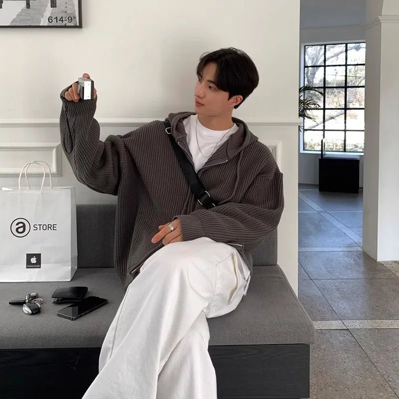 Men’s Knit Hooded Cardigan Sweater – Vintage Loose Fit - Lia_Store