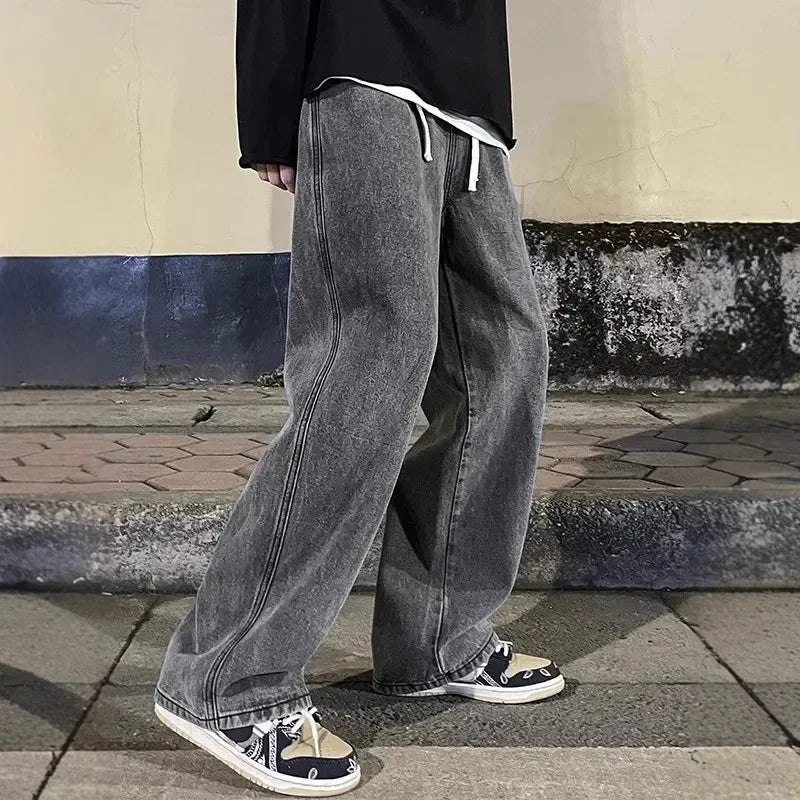 Men’s Korean Streetwear Loose Wide Leg Jeans - Lia_Store