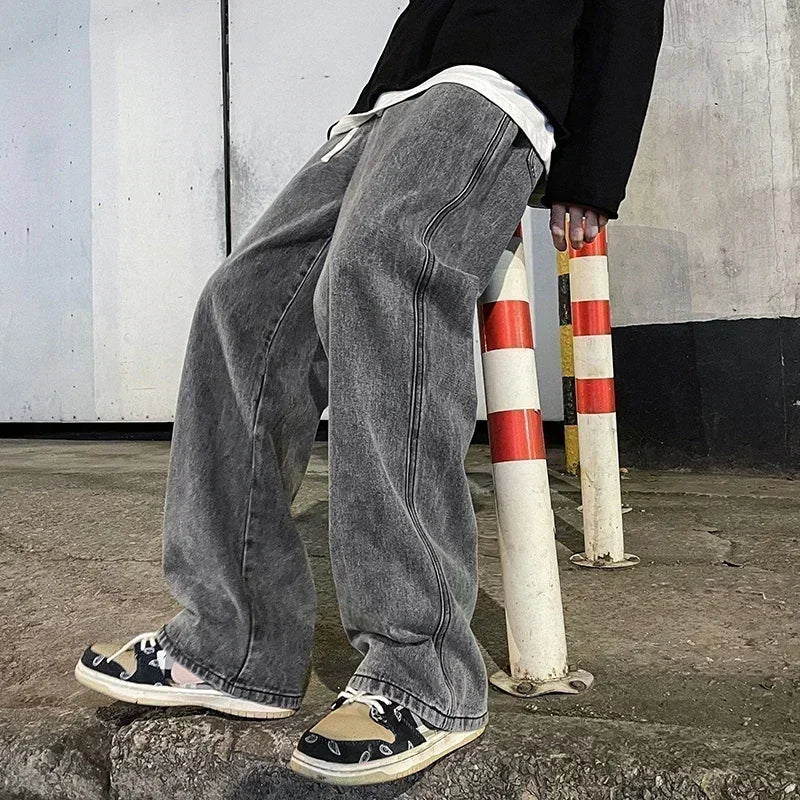 Men’s Loose Straight Jeans – Korean Streetwear Wide - Leg Pants - Lia_Store