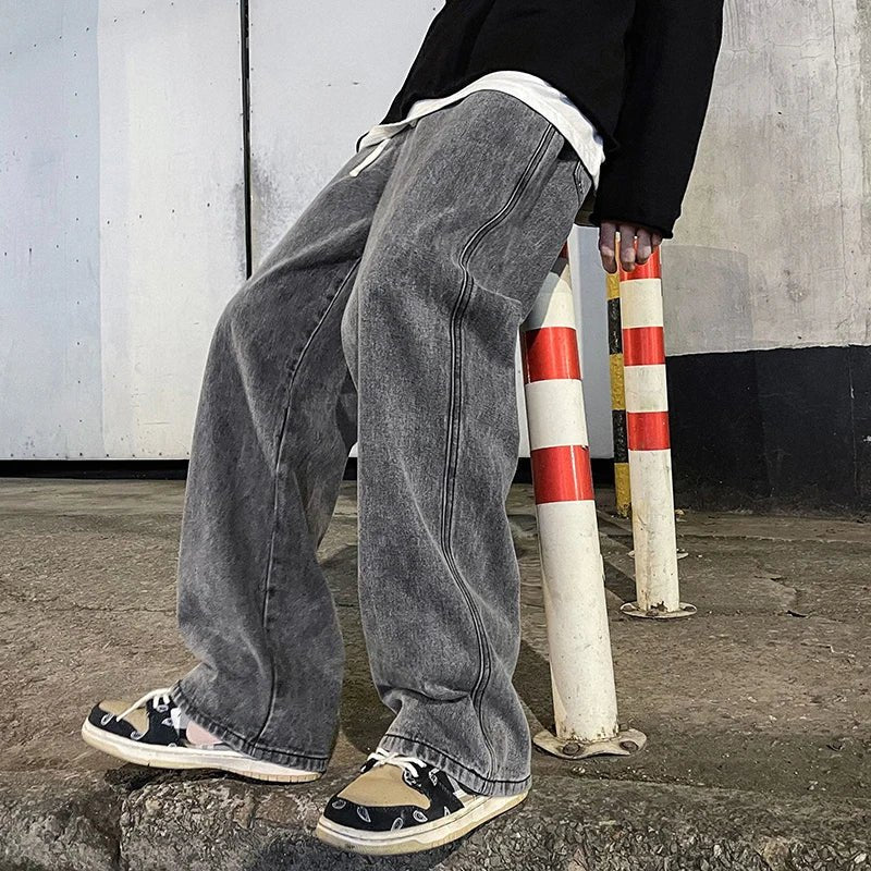 Men’s Loose Straight Jeans – Korean Streetwear Wide - Leg Pants - Lia_Store