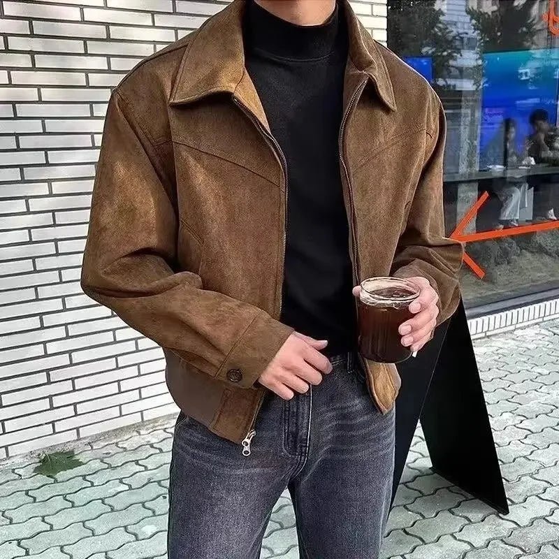 Men’s Vintage Brown Chamois Leather Jacket – Cropped Lapel, Autumn/Winter - Lia_Store