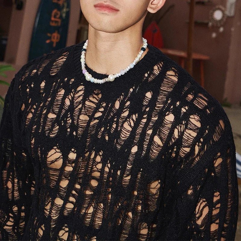 Men’s Vintage Ripped Mesh Knit Top – Spring Streetwear Long Sleeve - Lia_Store