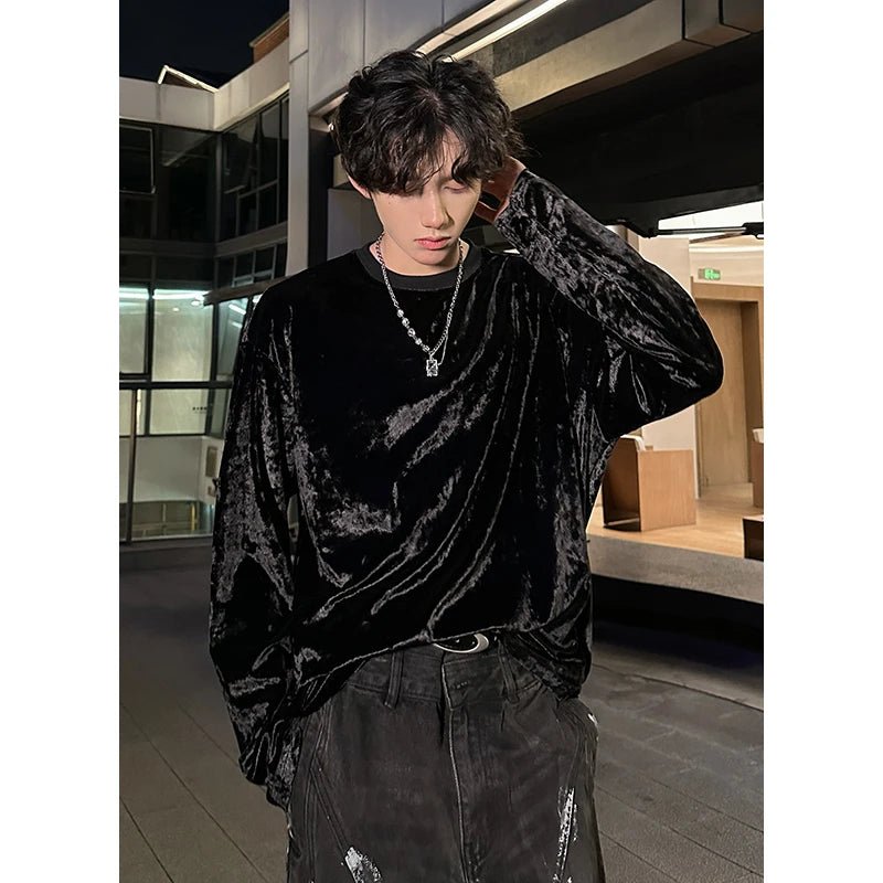 Men’s Vintage Velvet Long Sleeve T-Shirt – Crew Neck Hip Hop Streetwear - Lia_Store