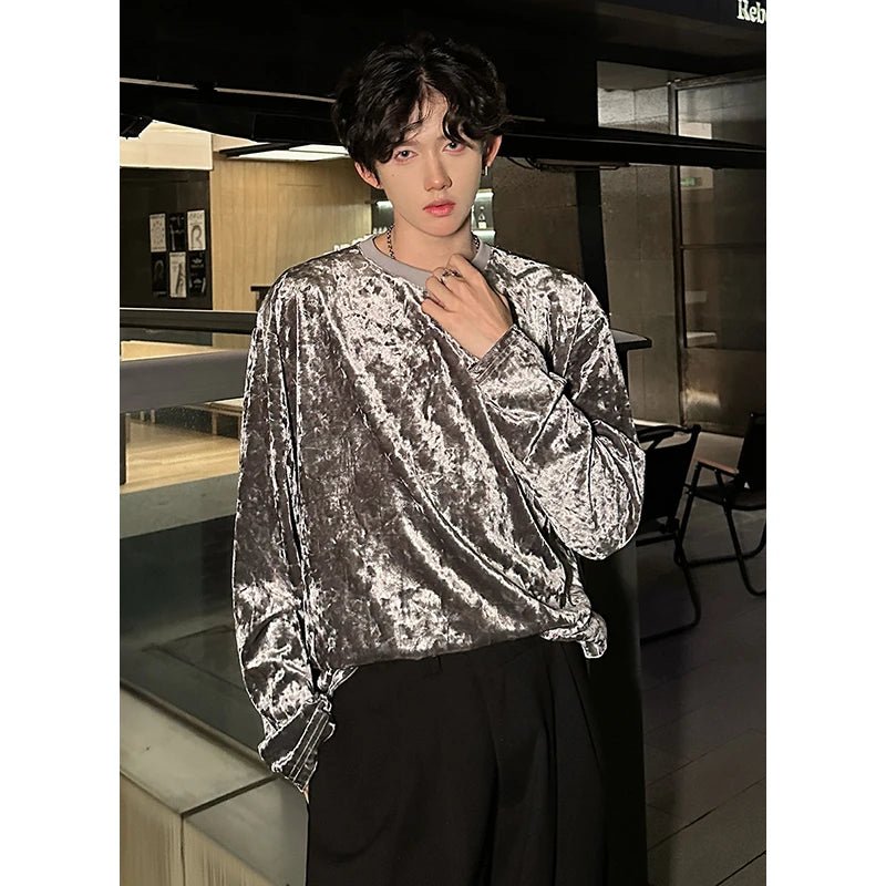 Men’s Vintage Velvet Long Sleeve T-Shirt – Crew Neck Hip Hop Streetwear - Lia_Store