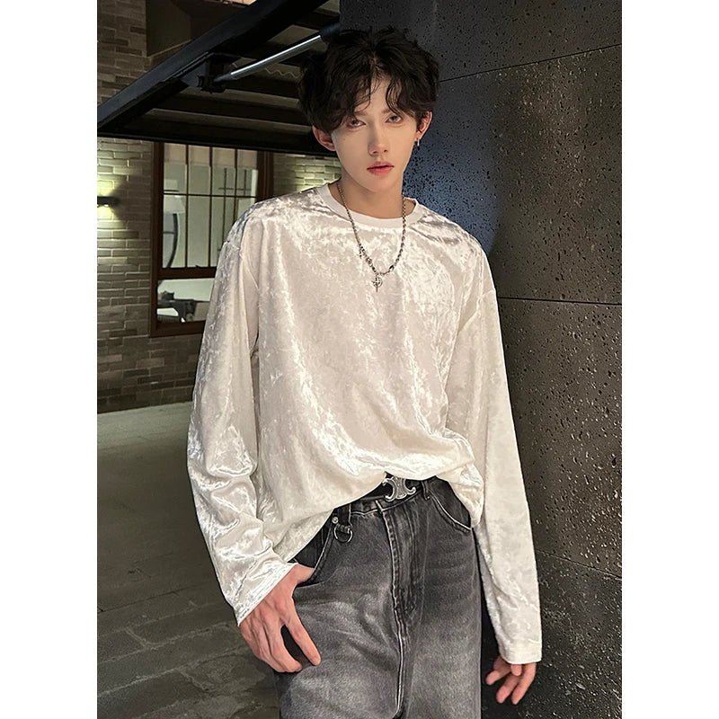 Men’s Vintage Velvet Long Sleeve T-Shirt – Crew Neck Hip Hop Streetwear - Lia_Store