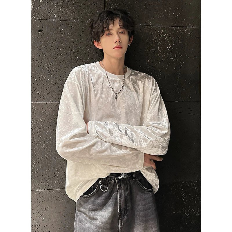 Men’s Vintage Velvet Long Sleeve T-Shirt – Crew Neck Hip Hop Streetwear - Lia_Store