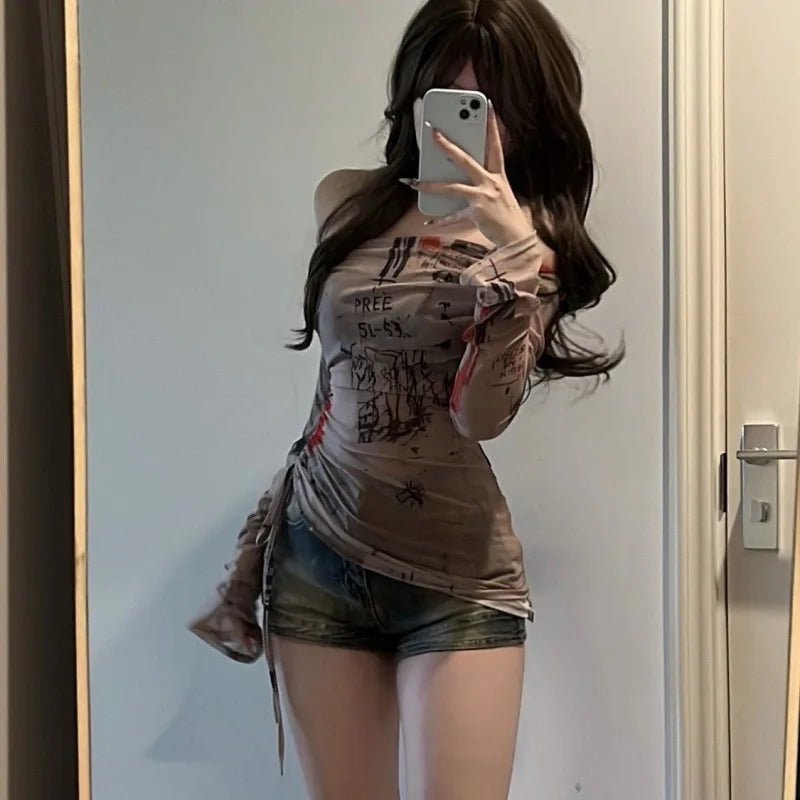 One - shoulder mesh graffiti drawstring top for women - Lia_Store