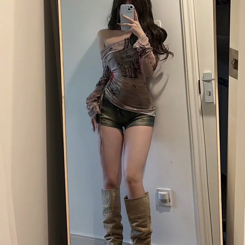 One - shoulder mesh graffiti drawstring top for women - Lia_Store