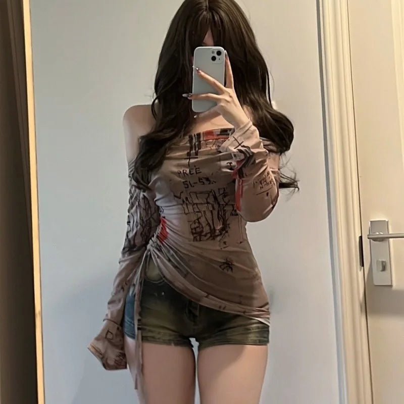 One - shoulder mesh graffiti drawstring top for women - Lia_Store