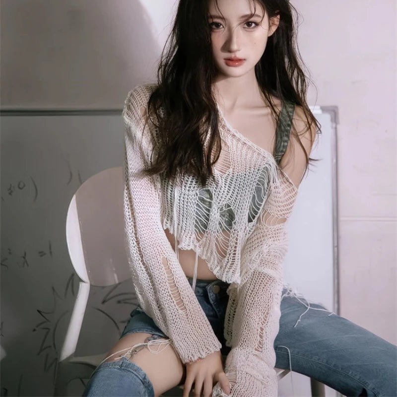Sexy White Slash Neck Grunge Crop Sweater - Lia_Store