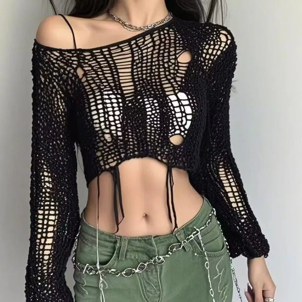 Sexy White Slash Neck Grunge Crop Sweater - Lia_Store