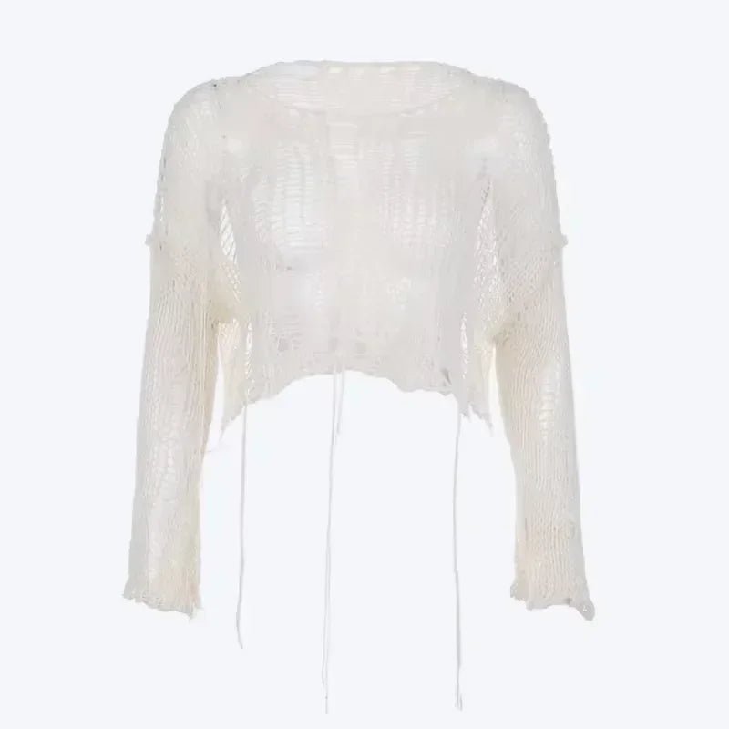 Sexy White Slash Neck Grunge Crop Sweater - Lia_Store