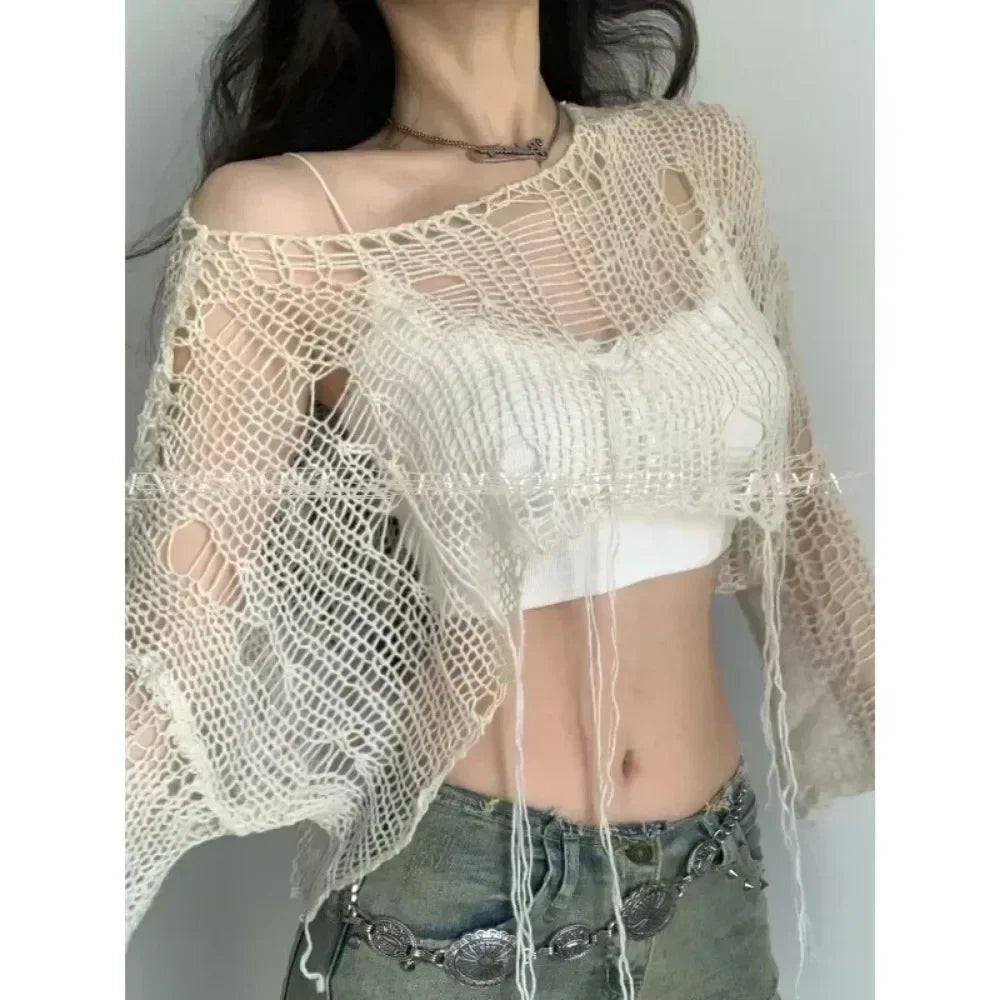 Sexy White Slash Neck Grunge Crop Sweater - Lia_Store