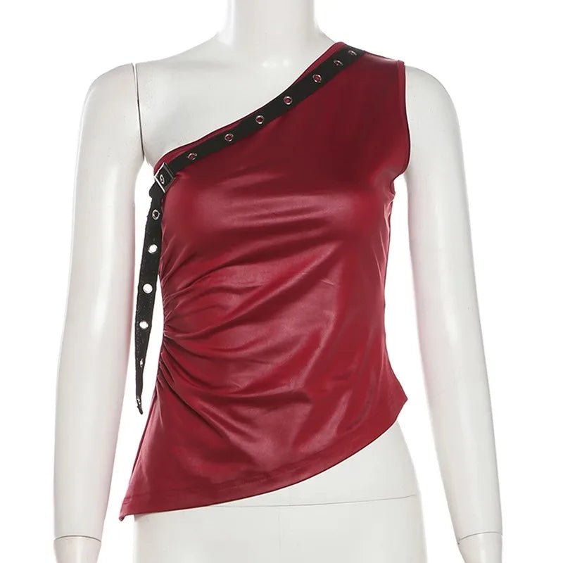 Women’s Red PU Leather One - Shoulder Crop Top – Belt Design, Y2K Streetwear - Lia_Store