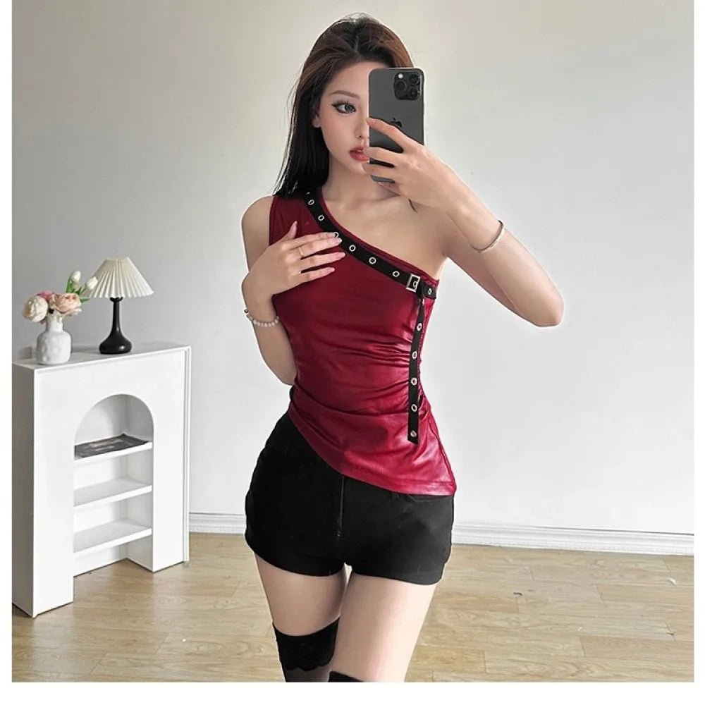 Women’s Red PU Leather One - Shoulder Crop Top – Belt Design, Y2K Streetwear - Lia_Store