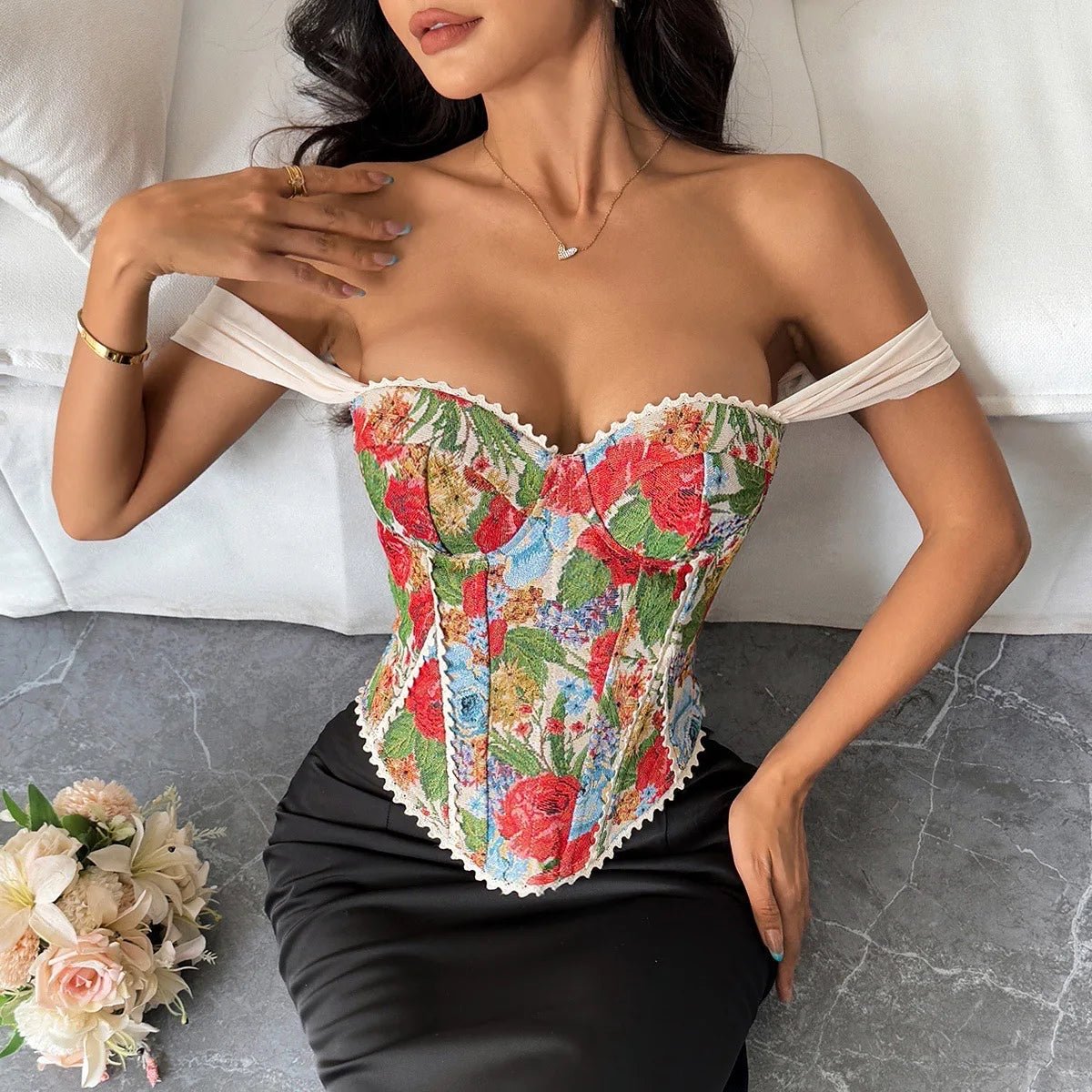 Women’s Retro Jacquard Underbust Corset – Colorful Printed Bustier - Lia_Store