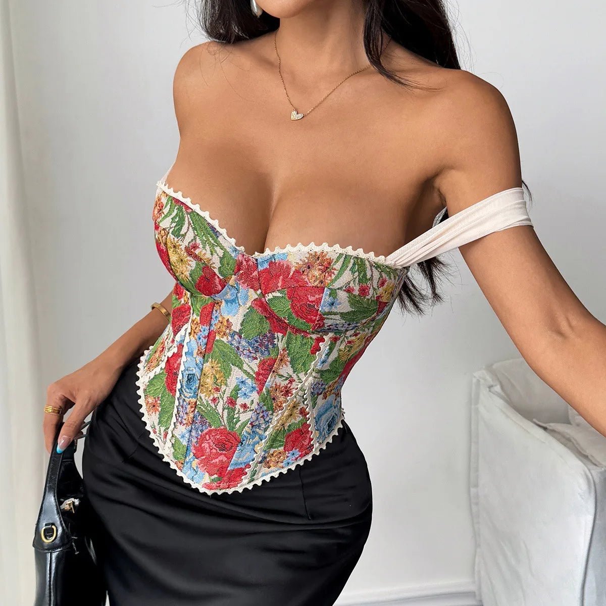 Women’s Retro Jacquard Underbust Corset – Colorful Printed Bustier - Lia_Store