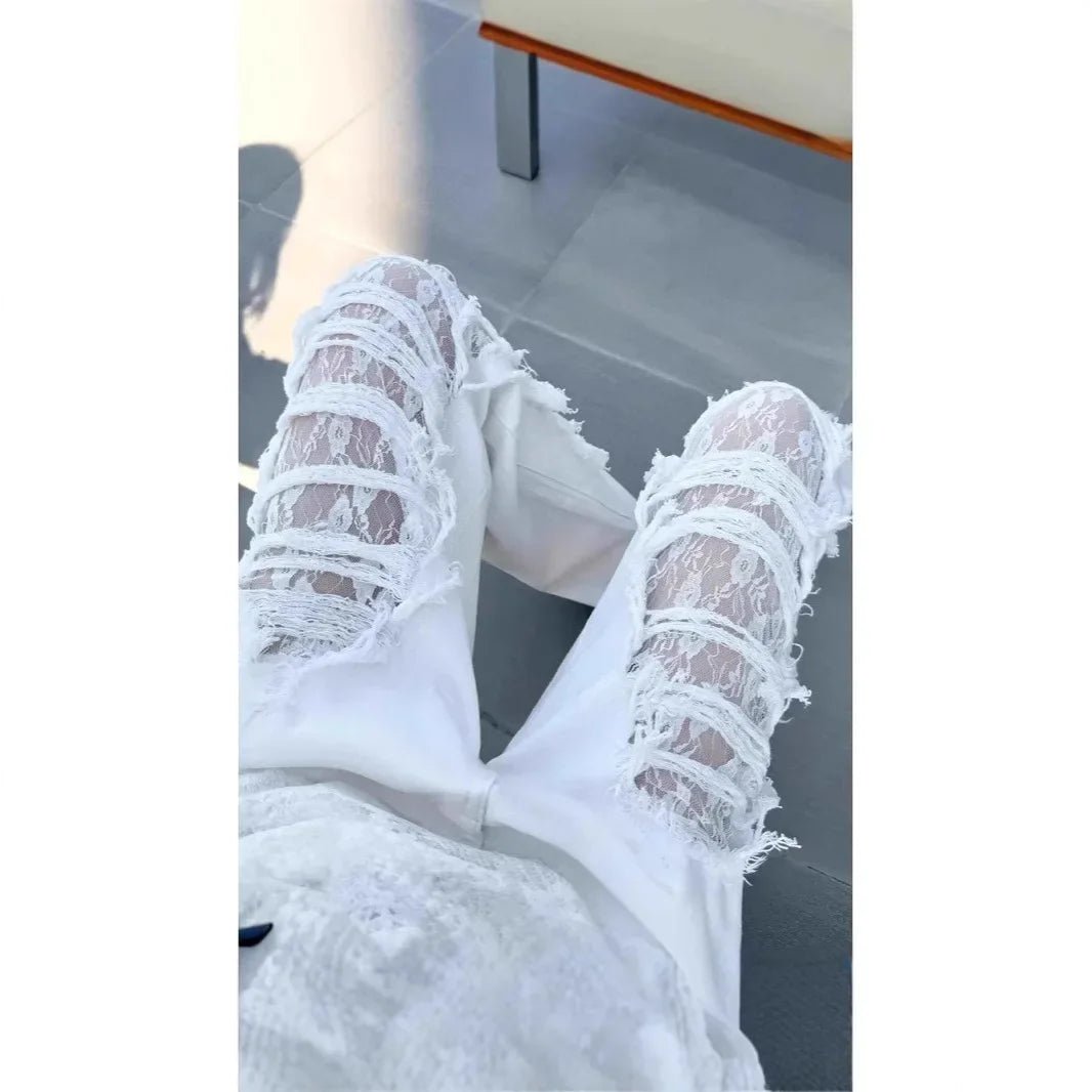 Women’s White Lace Straight - Leg Jeans with Rips - Lia_Store