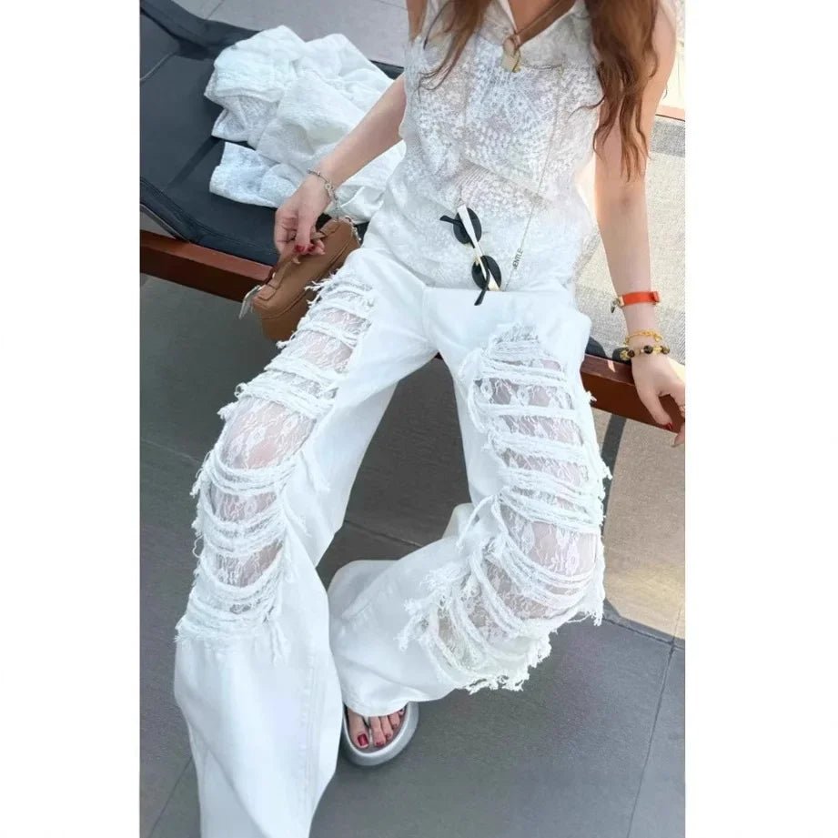 Women’s White Lace Straight - Leg Jeans with Rips - Lia_Store