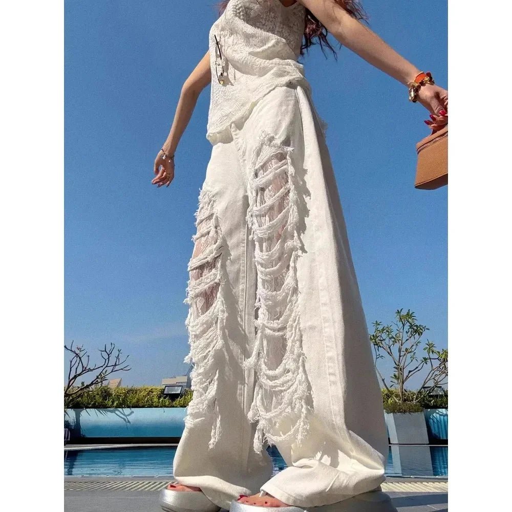 Women’s White Lace Straight - Leg Jeans with Rips - Lia_Store