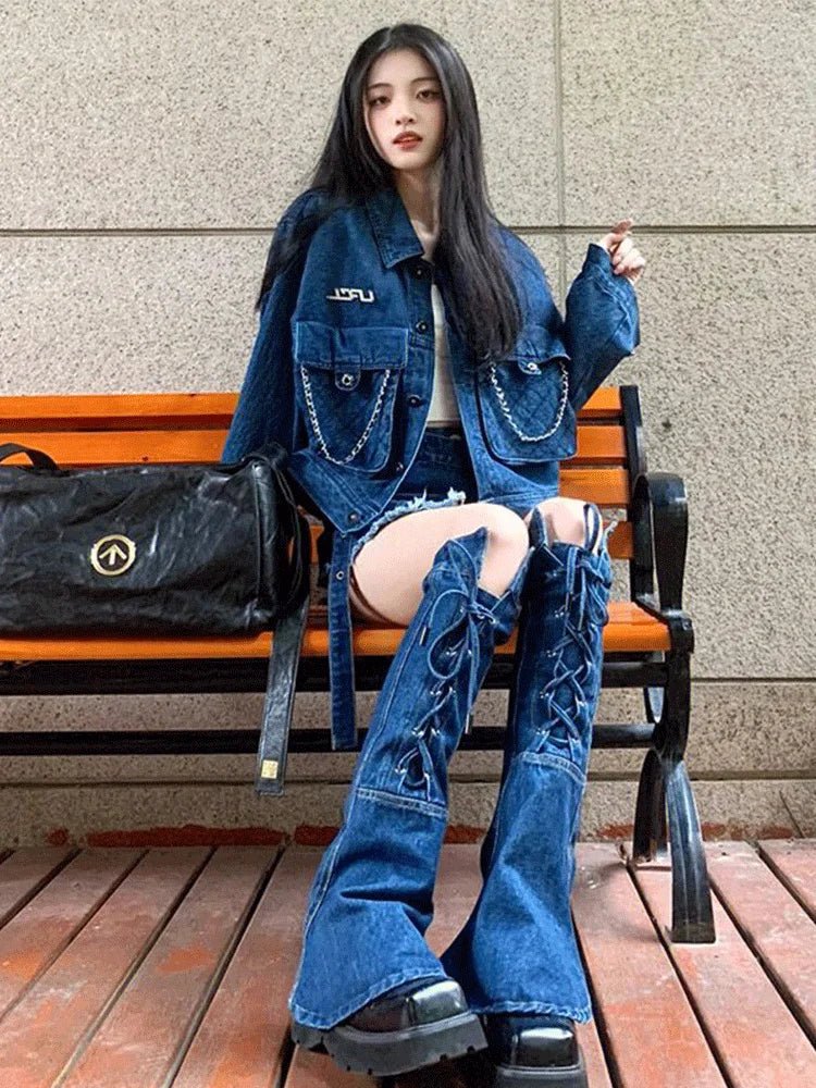 Women’s Y2K Vintage Denim Set: Long - Sleeve Jacket + Baggy Jeans - Lia_Store