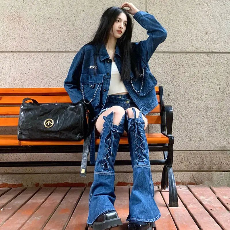 Women’s Y2K Vintage Denim Set: Long - Sleeve Jacket + Baggy Jeans - Lia_Store