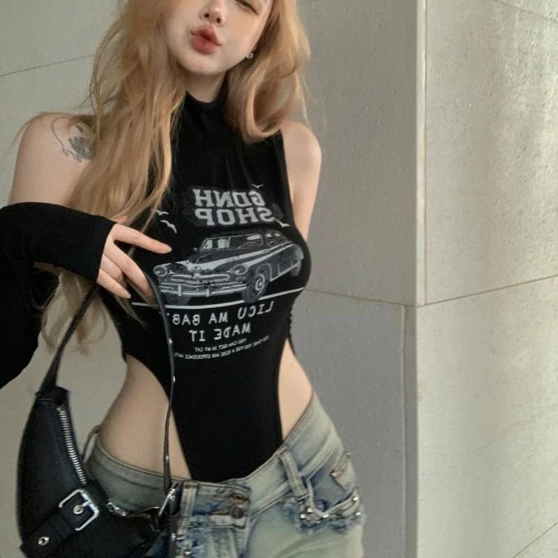 Y2K Black Sleeveless Sexy Jumpsuit with Letter Print - Lia_Store