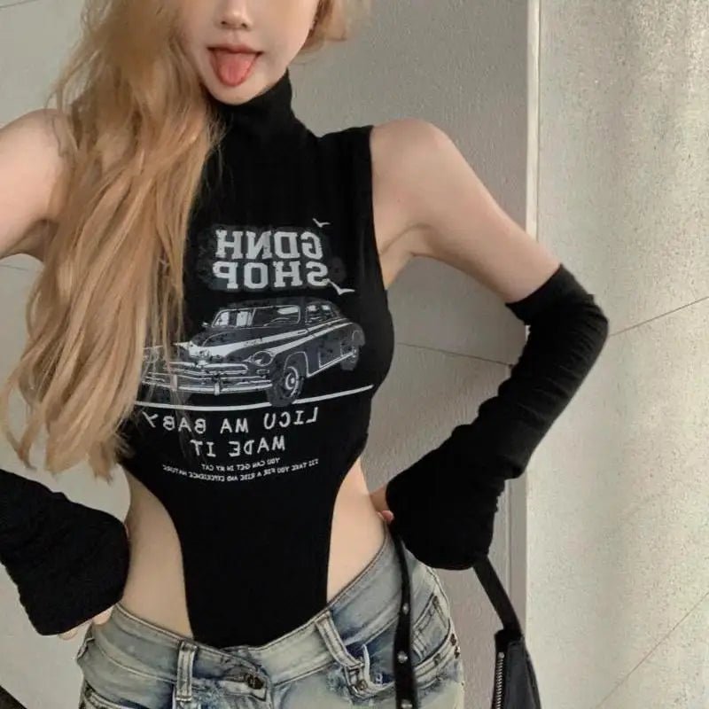 Y2K Black Sleeveless Sexy Jumpsuit with Letter Print - Lia_Store