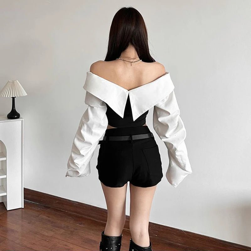 Y2K Off Shoulder Patchwork Crop Top Women Streetwear Long Sleeve - Lia_Store